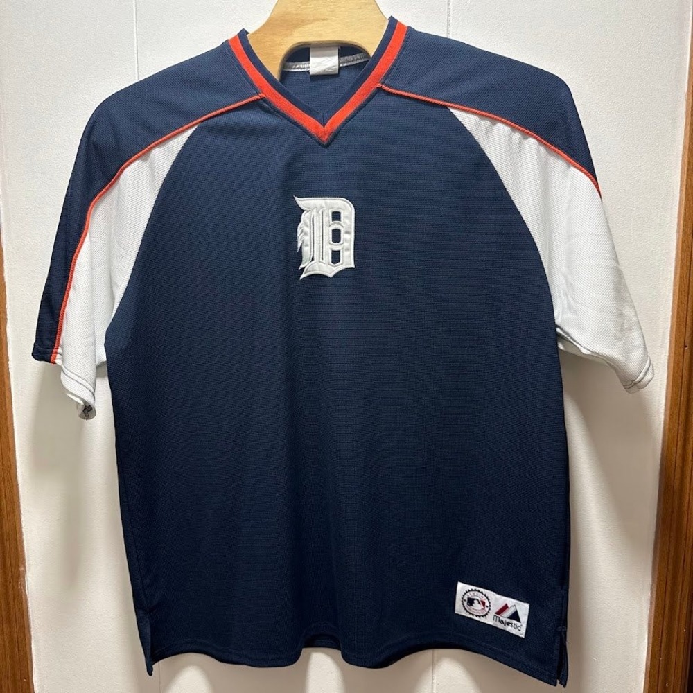 Majestic Detroit Tigers MLB Jersey Navy Blue Orange V-Neck Mens XXL Short Sleeve